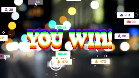 Animation of you win text and social media data over out of focus city Stock Footage 246733073