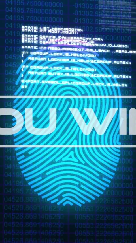 Animation of you win text and fingerprint over data processing Stock Footage 342812423