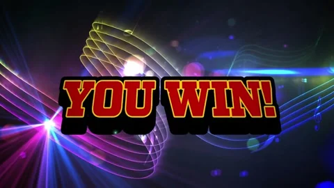 Animation of you win text banner against glowing light trails, spots and musical Stock Footage 244738717