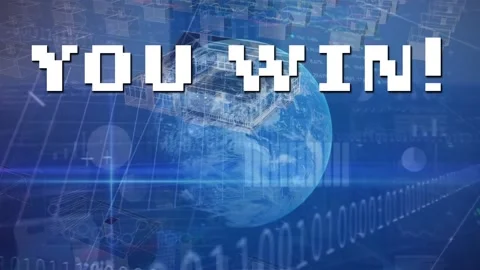 Animation of you win text over 3d houses, binary codes, trading board and Stock Footage 229434296