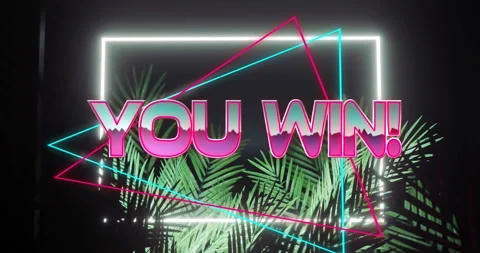 Animation of You Win! text over tropical leaves with geometric shapes Video stock 303421777