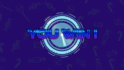 Animation of you win text over scope scanning and candy icons on blue background 库存影片 327526363