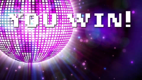 Animation of you win text over glowing disco ball rotating with bright rays and Video stock 327528788