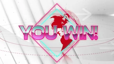 Animation of you win text with square shapes over rotating globe and moving Video stock 327712572