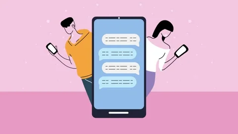 Animation of young couple using smartphones and sending text messages on la.. Video stock 339062837