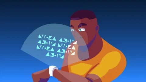 Animation of young man checking information on futuristic wearable holograp.. Vídeo Stock 338315966