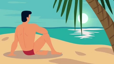 Animation of young man sitting on sandy beach watching sunset by turquoise .. Stock Footage 338401444
