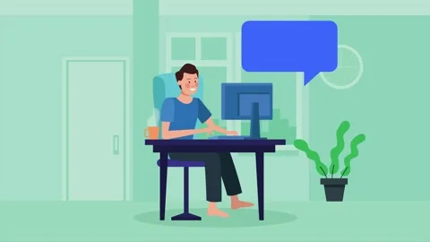 Animation of young man working on desktop computer with blue speech bubble .. Vídeos de archivo 333289682