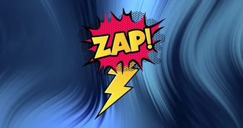 Animation of zap text on explosion bolt over moving blue soft glowing swirl Stock Footage 329418310