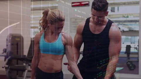 Animation of zigzag pattern over two women exercising in gym Stock Footage 316040914