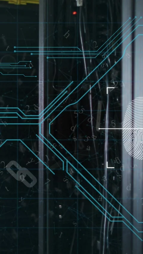 Animaton of interface with biometric fingerprint scanner against computer server Stock Footage 344693714