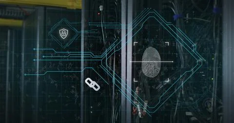 Animaton of interface with biometric fingerprint scanner against computer s.. Foto stock