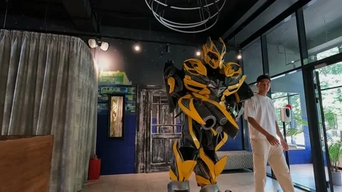 Animator dressed as Bumblebee goes to a children's birthday party Stock Footage 201304752