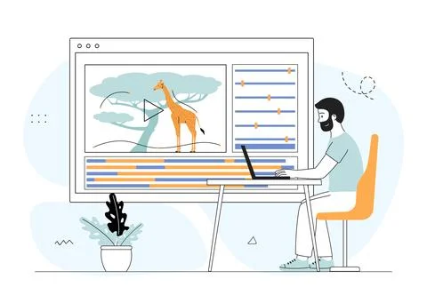 Animator at workplace. Man creates moving picture. Freelancer and web designer イラスト素材