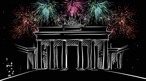 Animatred Brandeburg Gate With Bright Firework Stock Footage 68740065