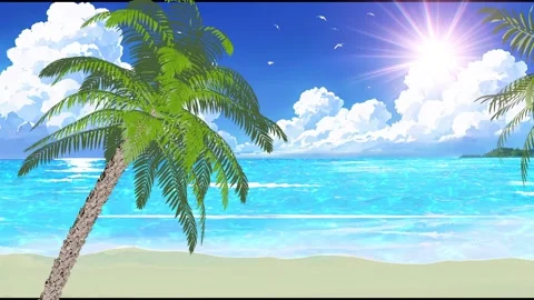 Anime background summer beach with palm trees and sea 3d render, loop Stock Footage 262862068