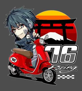 Anime boy and red automatic scooter Stock Illustration