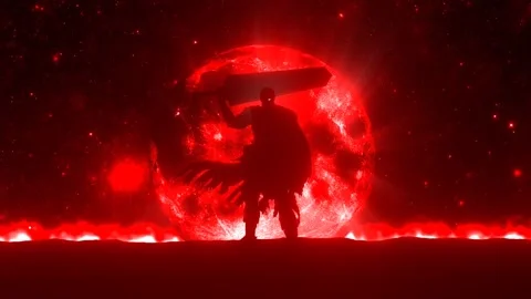 Anime character with a big sword on the background of the moon Stock Footage 283462591
