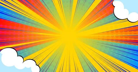 Anime comic burst with rainbow rays and clouds Stock Illustration