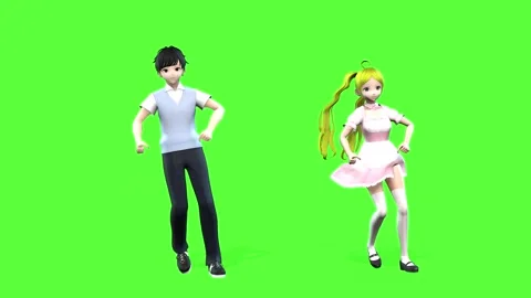 Anime Duo Students Dynamic Dance on Green Screen Stock Footage 319535920