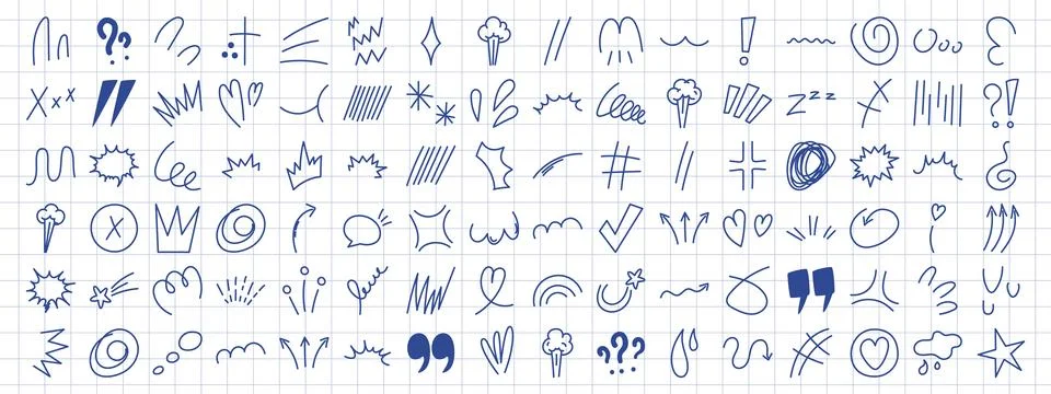 Anime emotion effect design elements on checkered sheet. Manga collection o.. イラスト素材