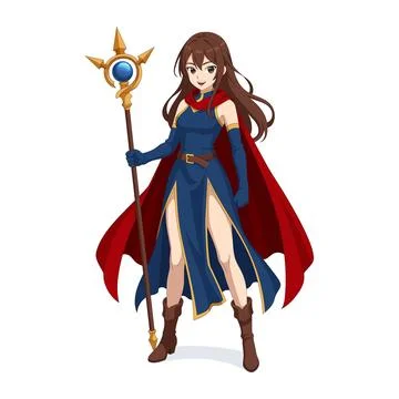 Anime Female Mage Character with Magic Staff, Fantasy RPG. Stock Illustration