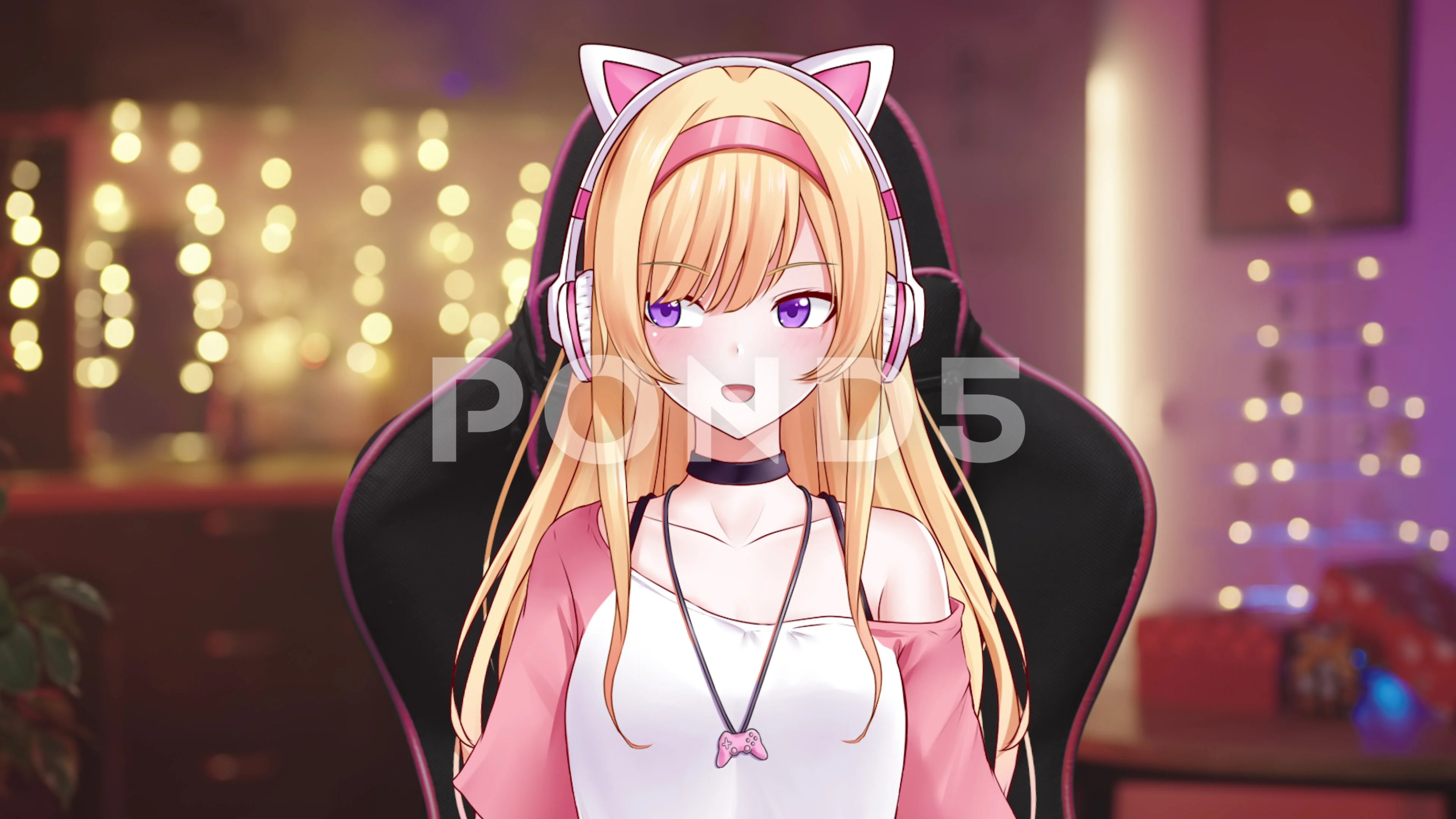 Anime girl on gaming chair vtuber on Christmas online streaming from  kitchen 4K