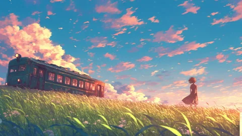 Anime girl standing in front of a train on a grassy hill. Vidéo 294385366