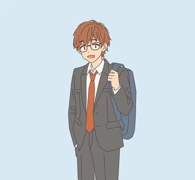 Anime Student in Suit with Backpack Smiling Stock Illustration