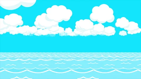Anime-style background , sea with waves and a blue sky  with white clouds (loop) Stock Footage 332962873