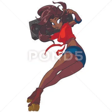 Anime style black girl on roller skates, with boombox on her shoulder Stock Illustration