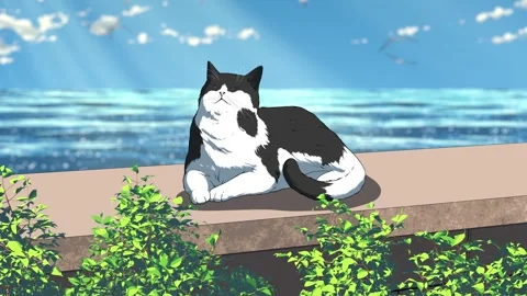 Anime Style Cat and the Seaside Loop Stock Footage 335225643