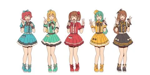 Anime Style Group of Five Singing Girls Stock Illustration