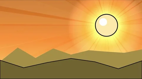 Anime style mountains with big sun on right and orange sky Stock Footage 337936762