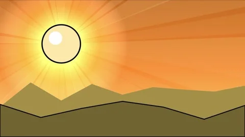 Anime style mountains with big sun on left and orange sky Stock Footage 337937406