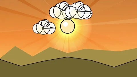 Anime style mountains with clouds and sun in center Stock Footage 337937528