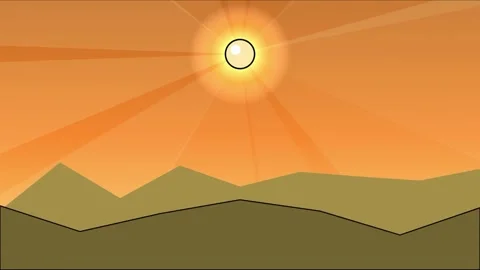 Anime style mountains with small high sun in center and orange sky Stock Footage 337938203