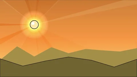 Anime style mountains with small sun on left and orange sky Stock Footage 337937745