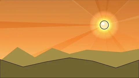 Anime style mountains with small sun on right and orange sky Stock Footage 337938346