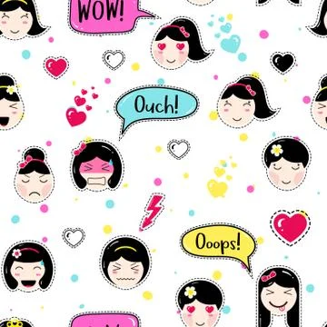 Anime style seamless pattern. Cute emoji girls. Stock Illustration