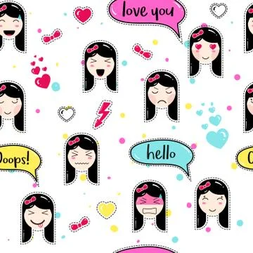 Anime style seamless pattern with cute emoji girls Stock Illustration