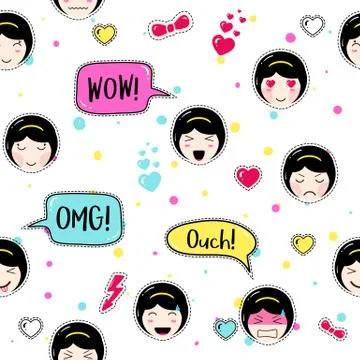 Anime style seamless pattern. Cute emoji girls. Stock Illustration