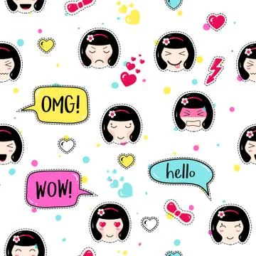 Anime style seamless pattern. Cute emoji girls. Stock Illustration