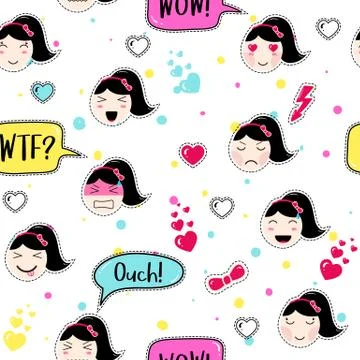 Anime style seamless pattern with cute emoji girls Stock Illustration