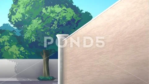 Anime style urban background with a beige wall and lush green trees. Modello PSD