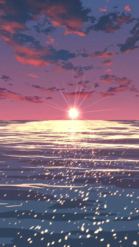 Anime Sunset Ocean Animated Background - Seamless Loop vertical 4K Stock Footage 335153815