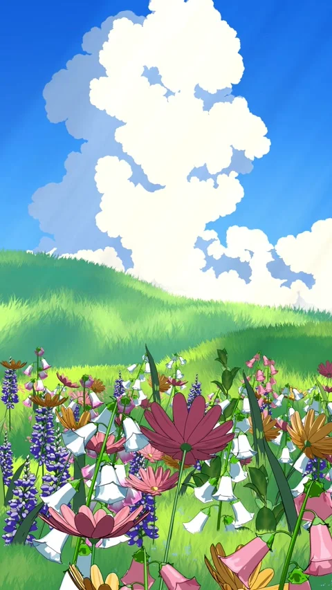 Anime Wildflower Meadow Loop – Summer Field Flowers Swaying in the Breeze 4K Stock Footage 336096439