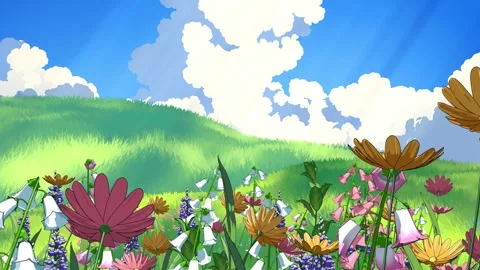 Anime Wildflower Meadow Loop – Summer Field Flowers Swaying in the Breeze 4K Vídeos de archivo 336096458
