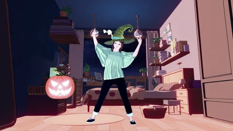 Anime Witch Enchanting Floating Pumpkin At Night In Her Bedroom Stock Footage 346603457
