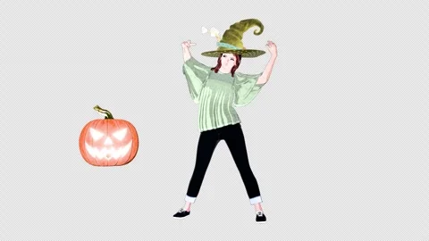 Anime Witch Enchants Halloween Pumpkin To Float And Laugh Stock Footage 346558689